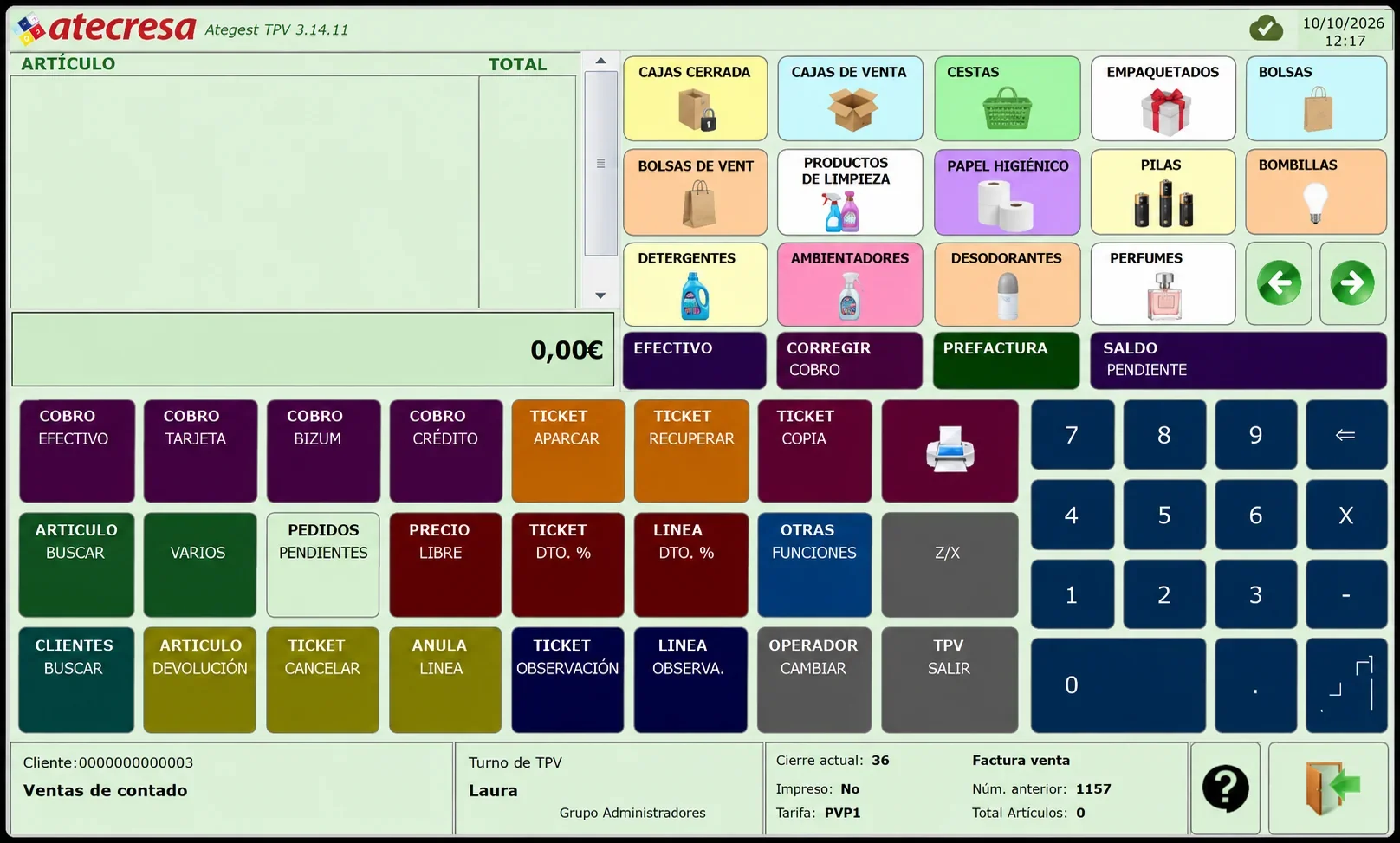 Pantalla de cobro de Ategest TPV para comercio con categorías de artículos y teclado numérico